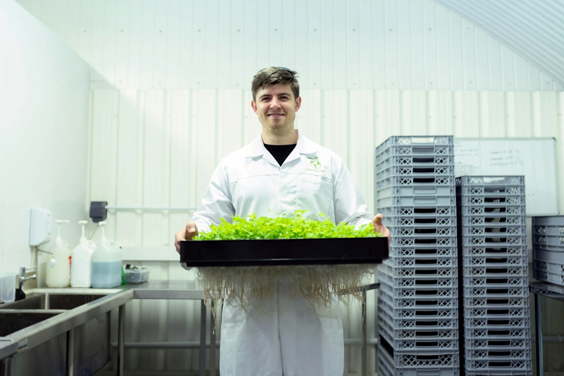 Grower holding a tray of hydroponic greens