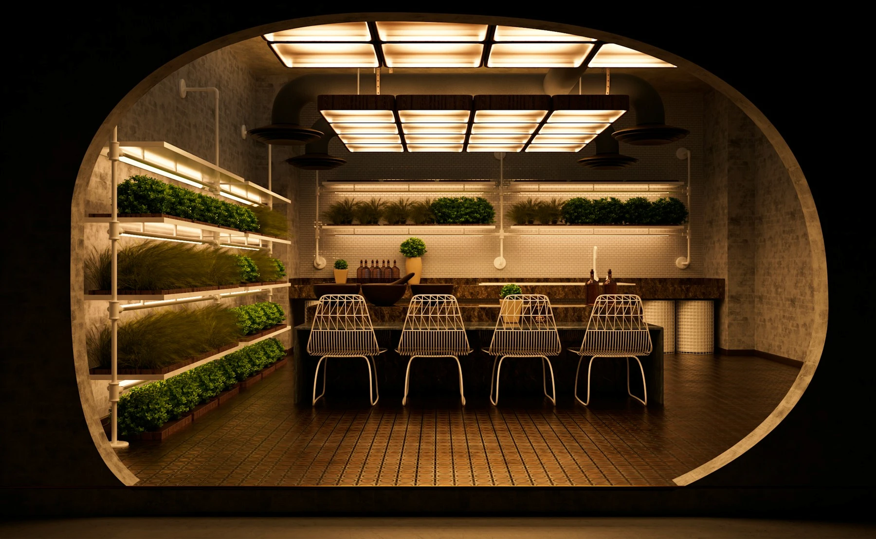 Restaurant interior with integrated growing shelves